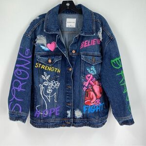 Celebrity Pink Women’s Breast Cancel Painted Denim Jean Jacket size M NWT